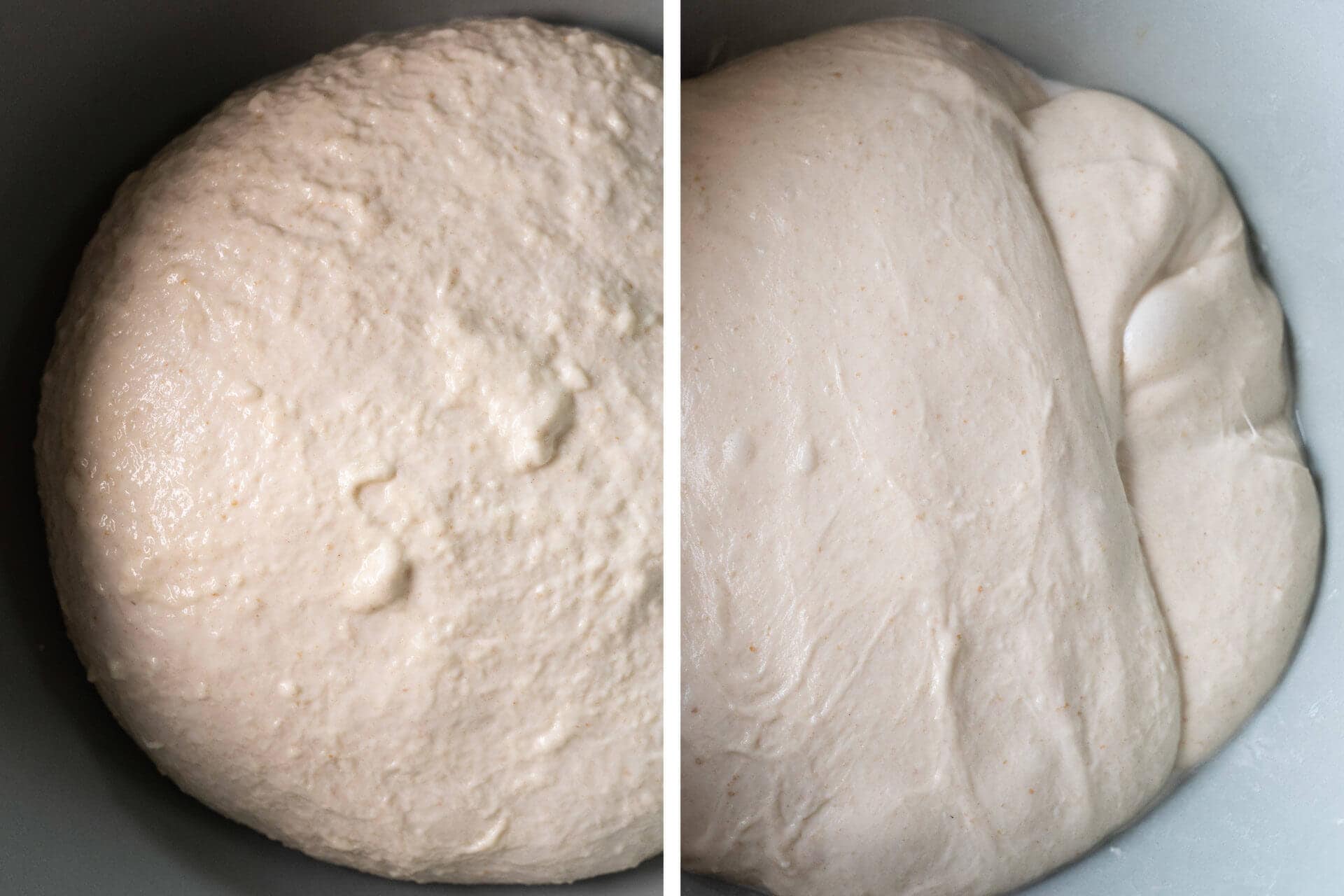 Dough at the beginning and end of bulk fermentation